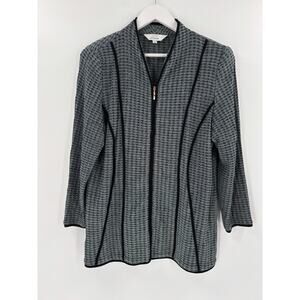 Exclusively Misook Knit Sweater Jacket Womens Large Blue Black Full Zip Cardigan